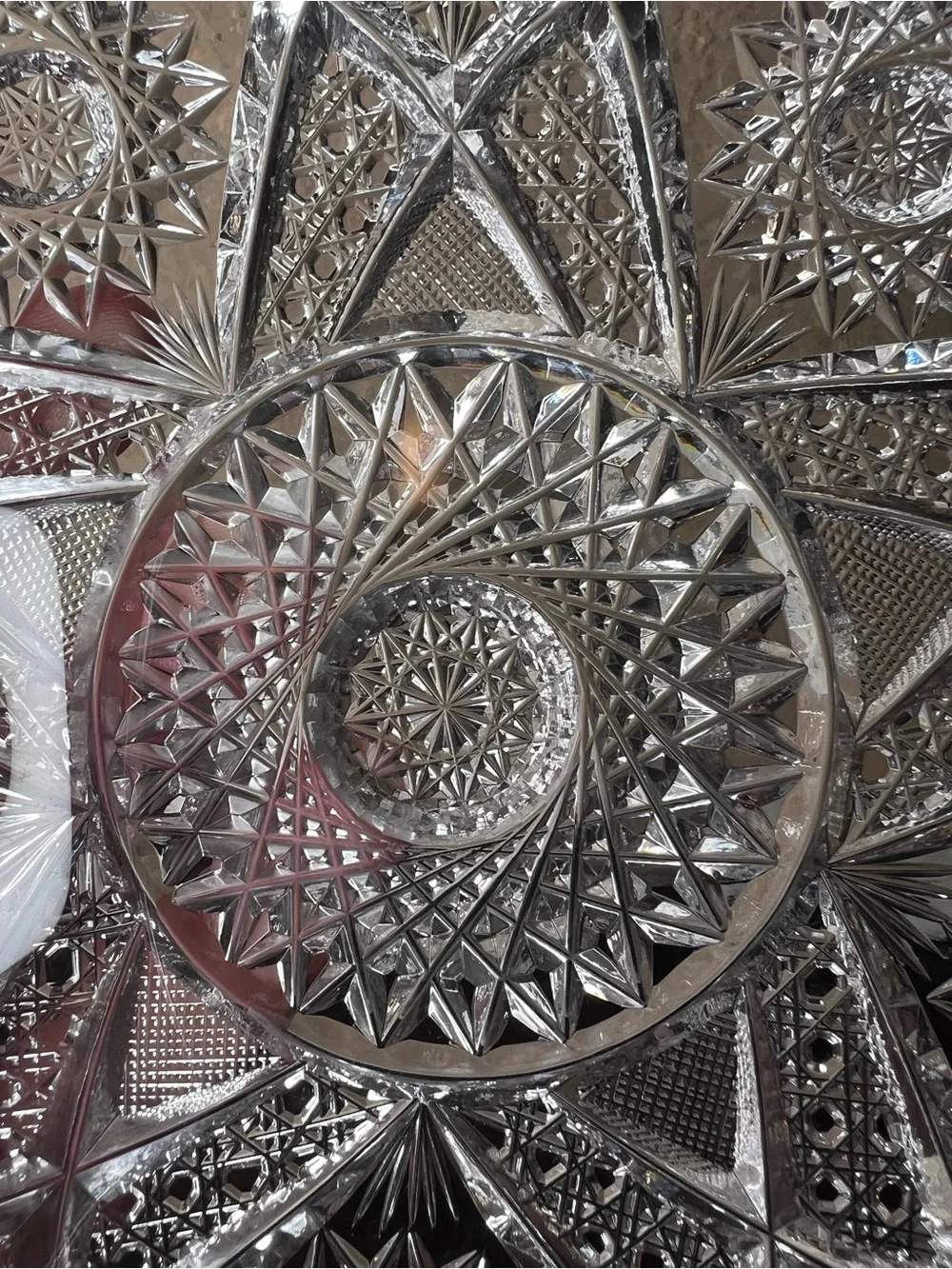 Vintage Brilliant Style Cut Glass Plate, Deep Cut Starburst Crystal Platter